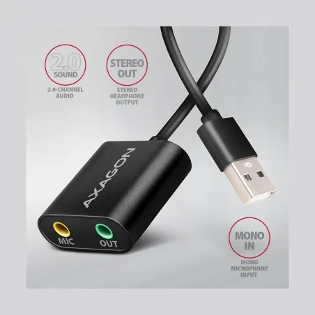 Axagon USB sound card with 15 cm cable and metal body.