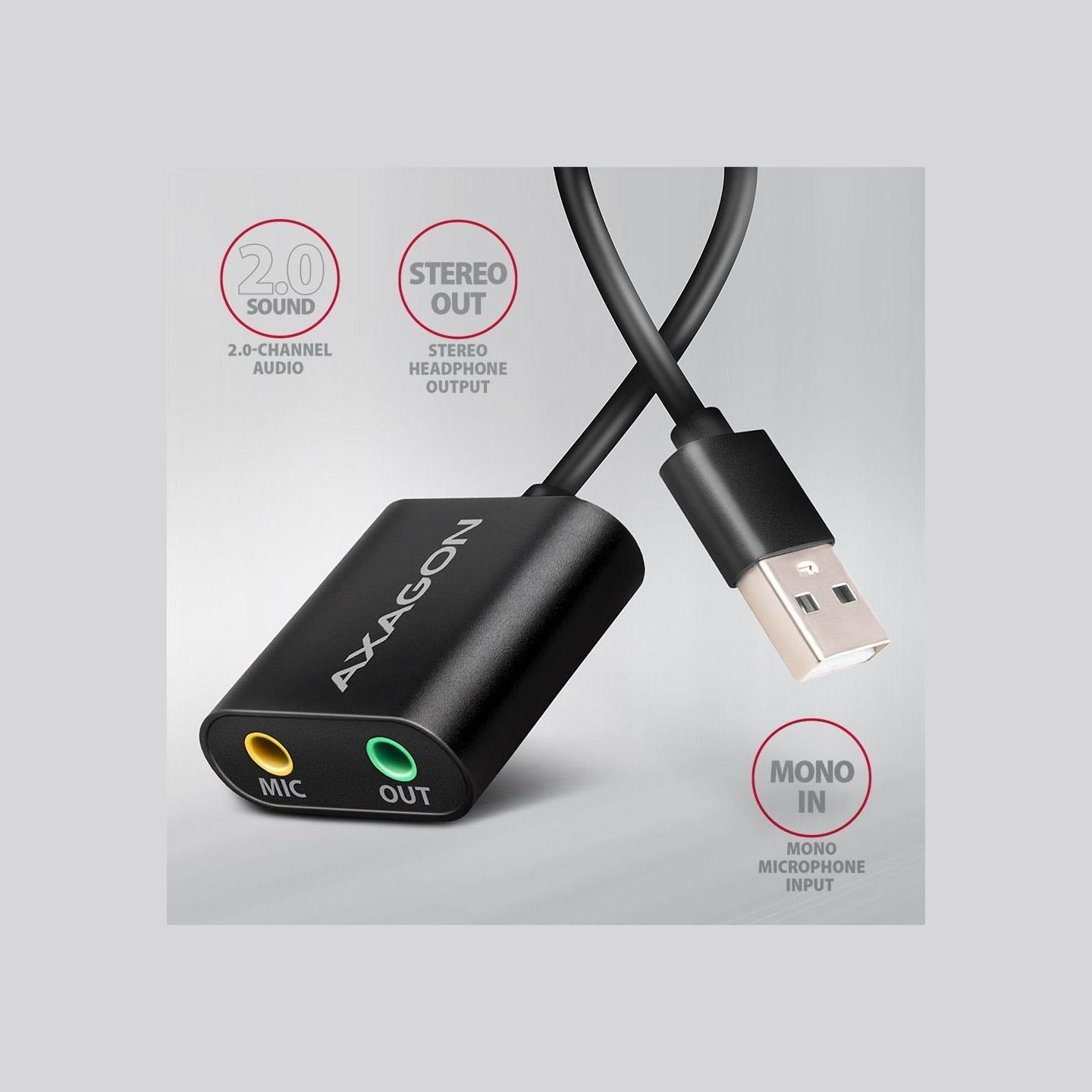 Axagon USB sound card with 15 cm cable and metal body.