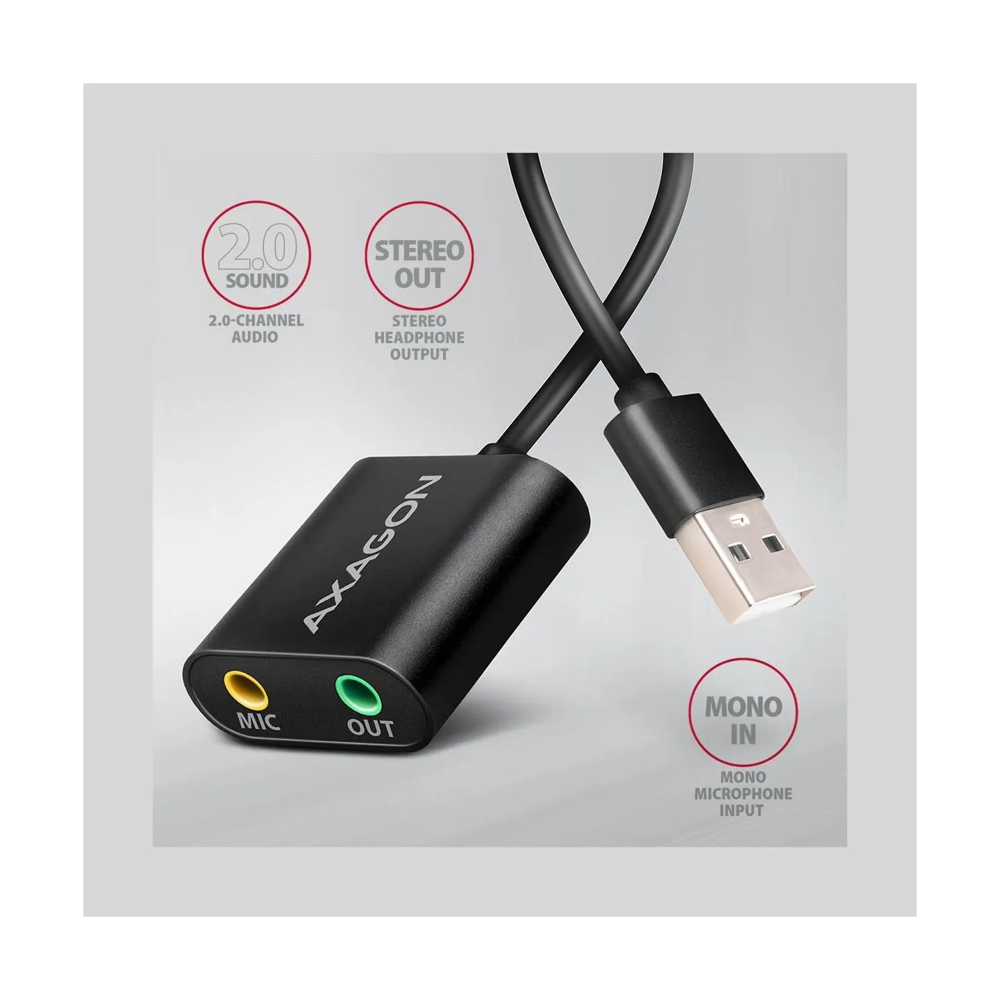 Axagon USB sound card with 15 cm cable and metal body.