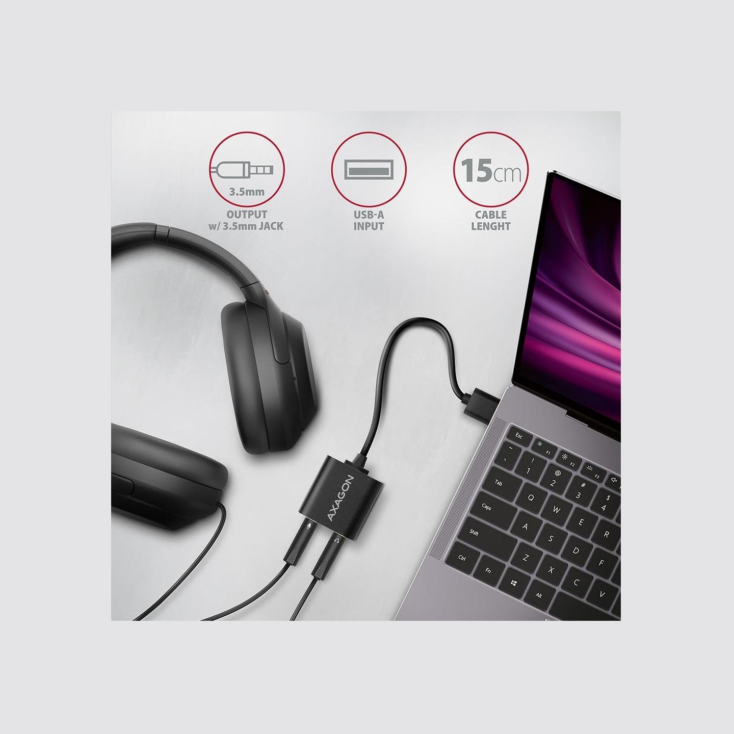 Axagon USB sound card with 15 cm cable and metal body.
