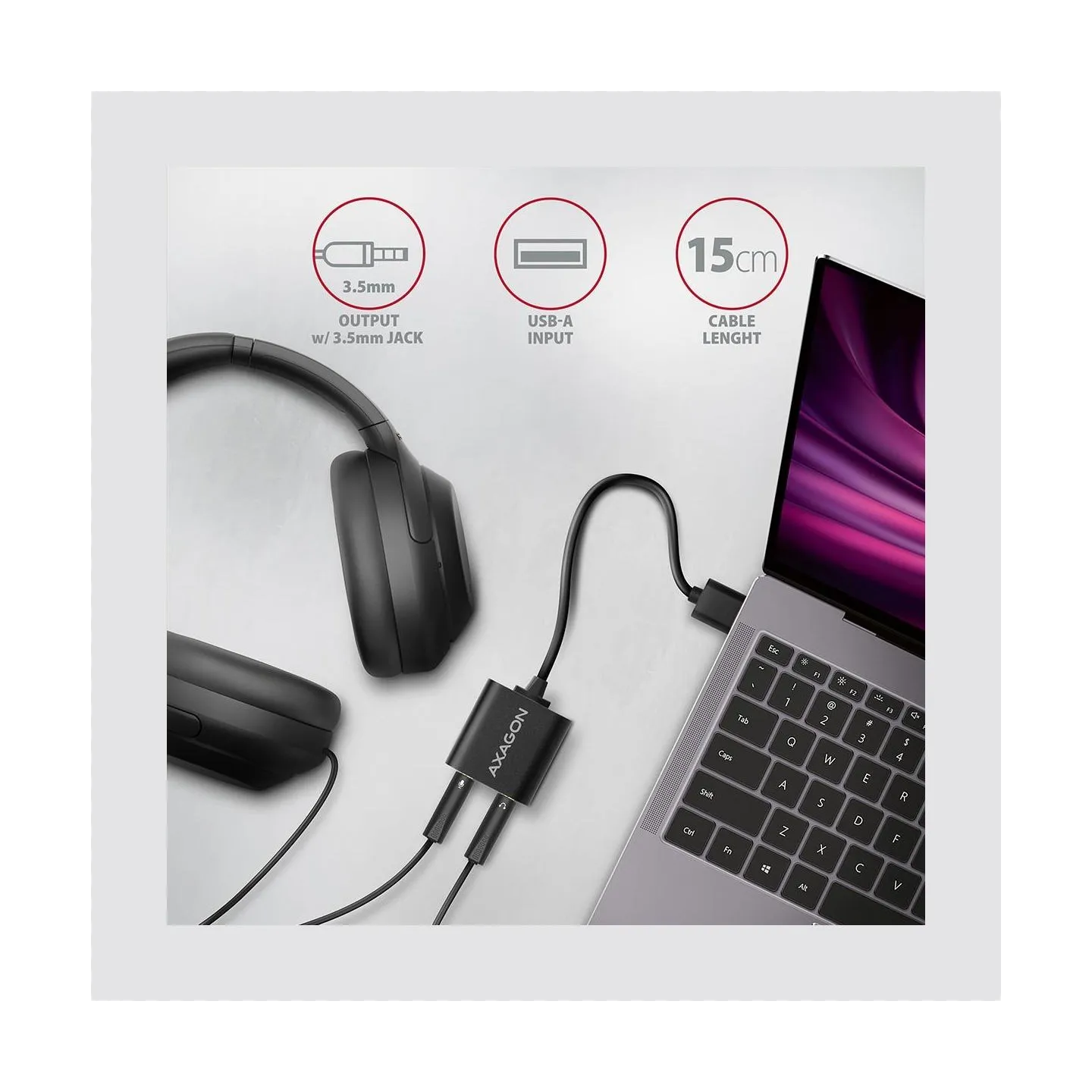 Axagon USB sound card with 15 cm cable and metal body.
