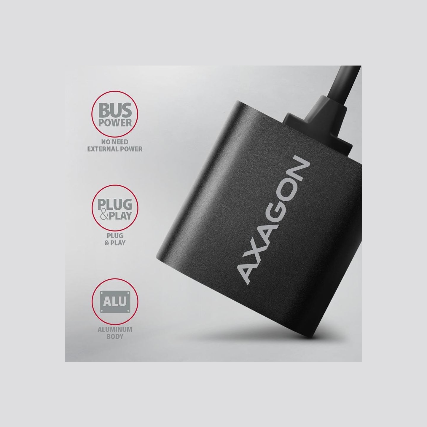 Axagon USB sound card with 15 cm cable and metal body.