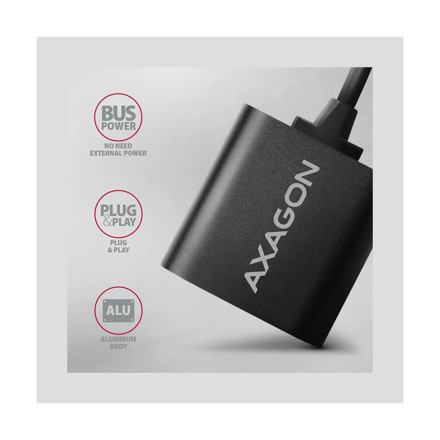 Axagon USB sound card with 15 cm cable and metal body.