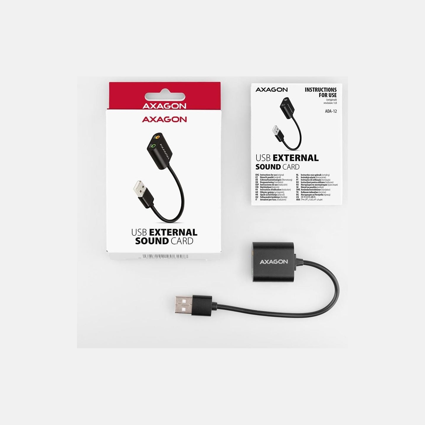 Axagon USB sound card with 15 cm cable and metal body.