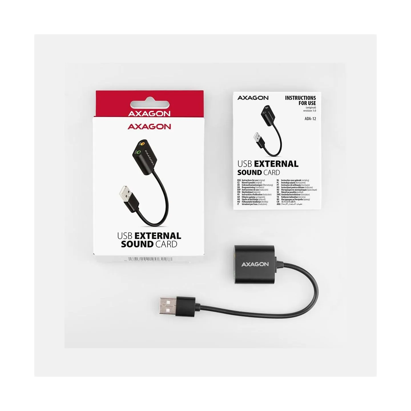 Axagon USB sound card with 15 cm cable and metal body.