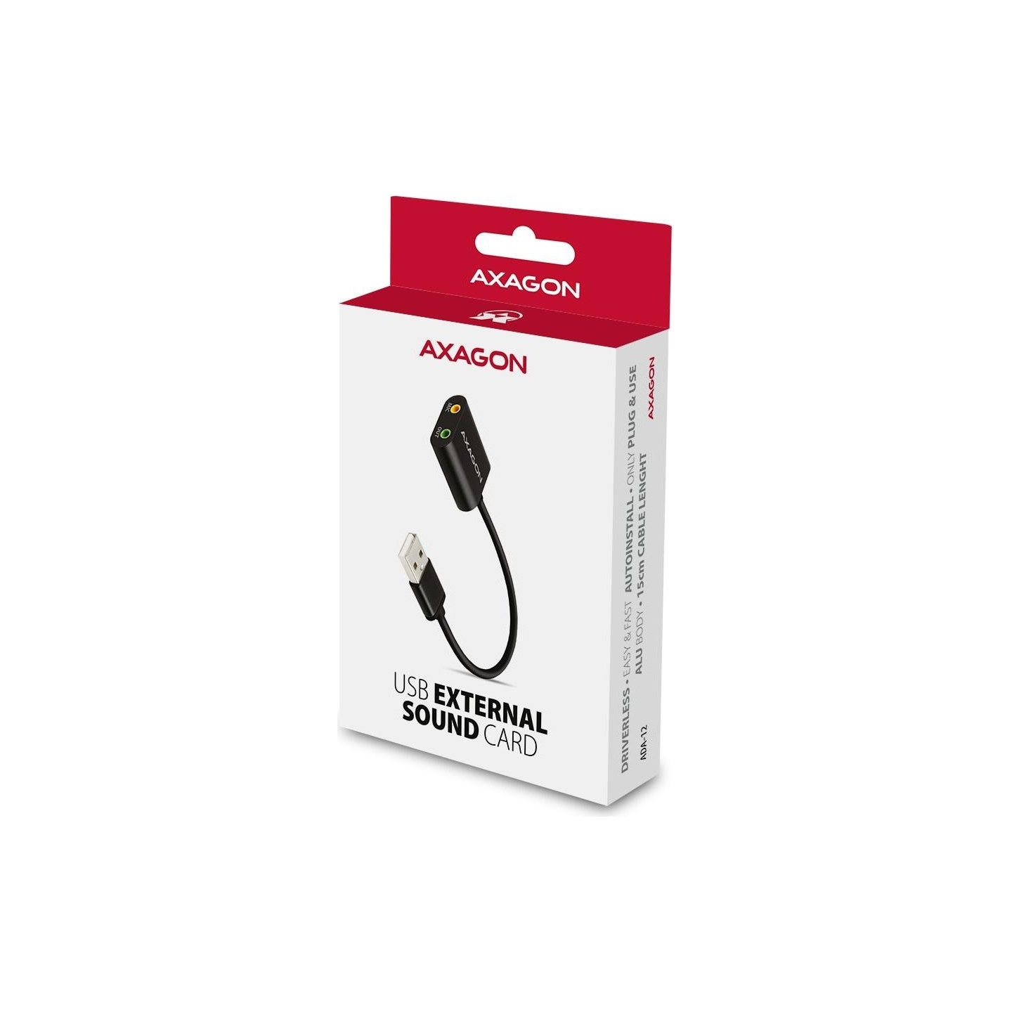 Axagon USB sound card with 15 cm cable and metal body.