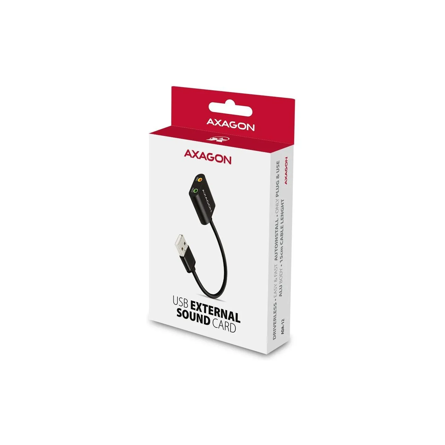 Axagon USB sound card with 15 cm cable and metal body.