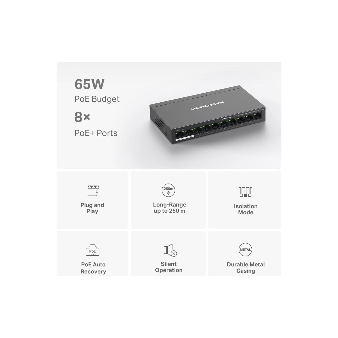 Mercusys Switch|MERCUSYS|Desktop/pedestal|10x10Base-T / 100Base-TX|PoE+ ports 8|MS110P
