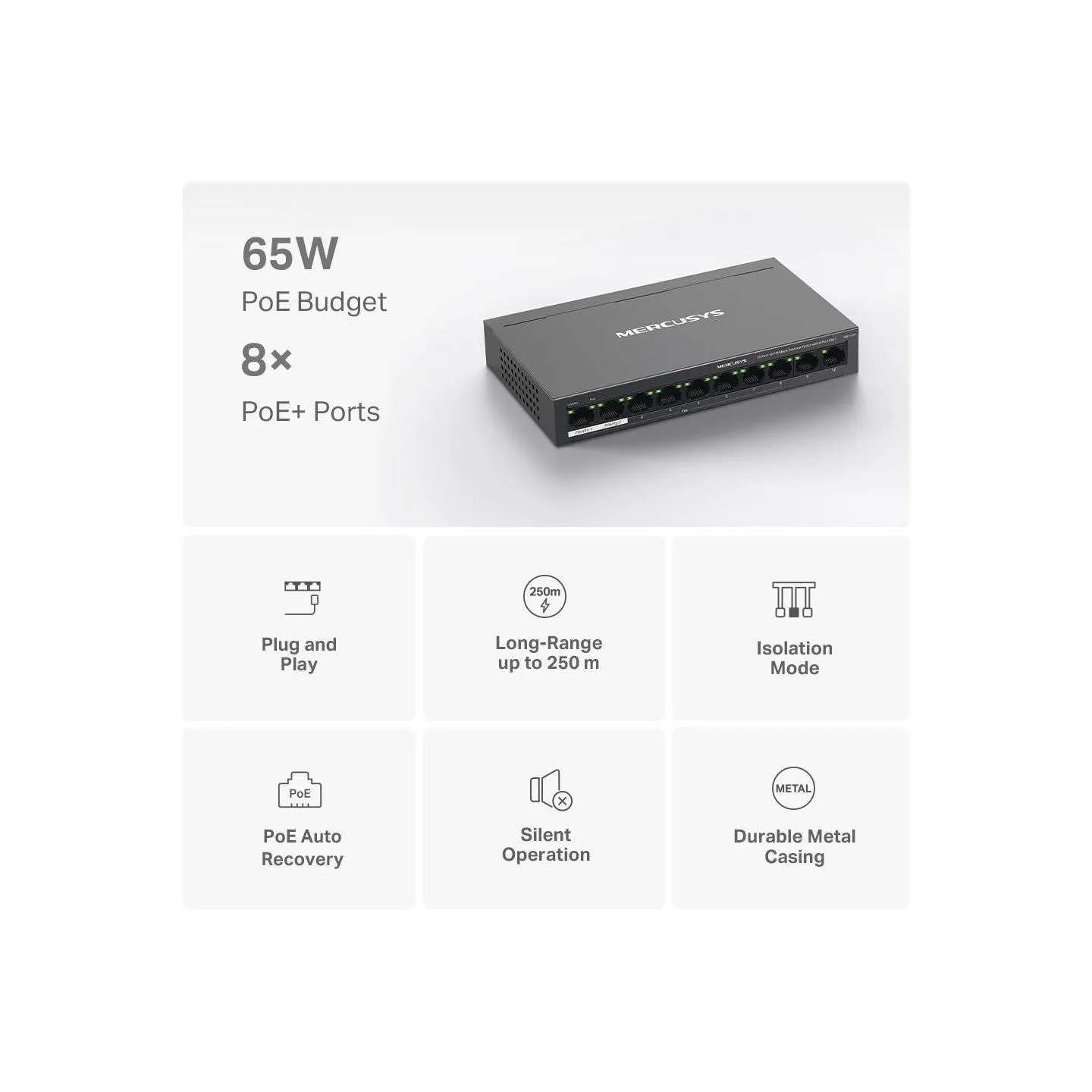 Mercusys Switch|MERCUSYS|Desktop/pedestal|10x10Base-T / 100Base-TX|PoE+ ports 8|MS110P