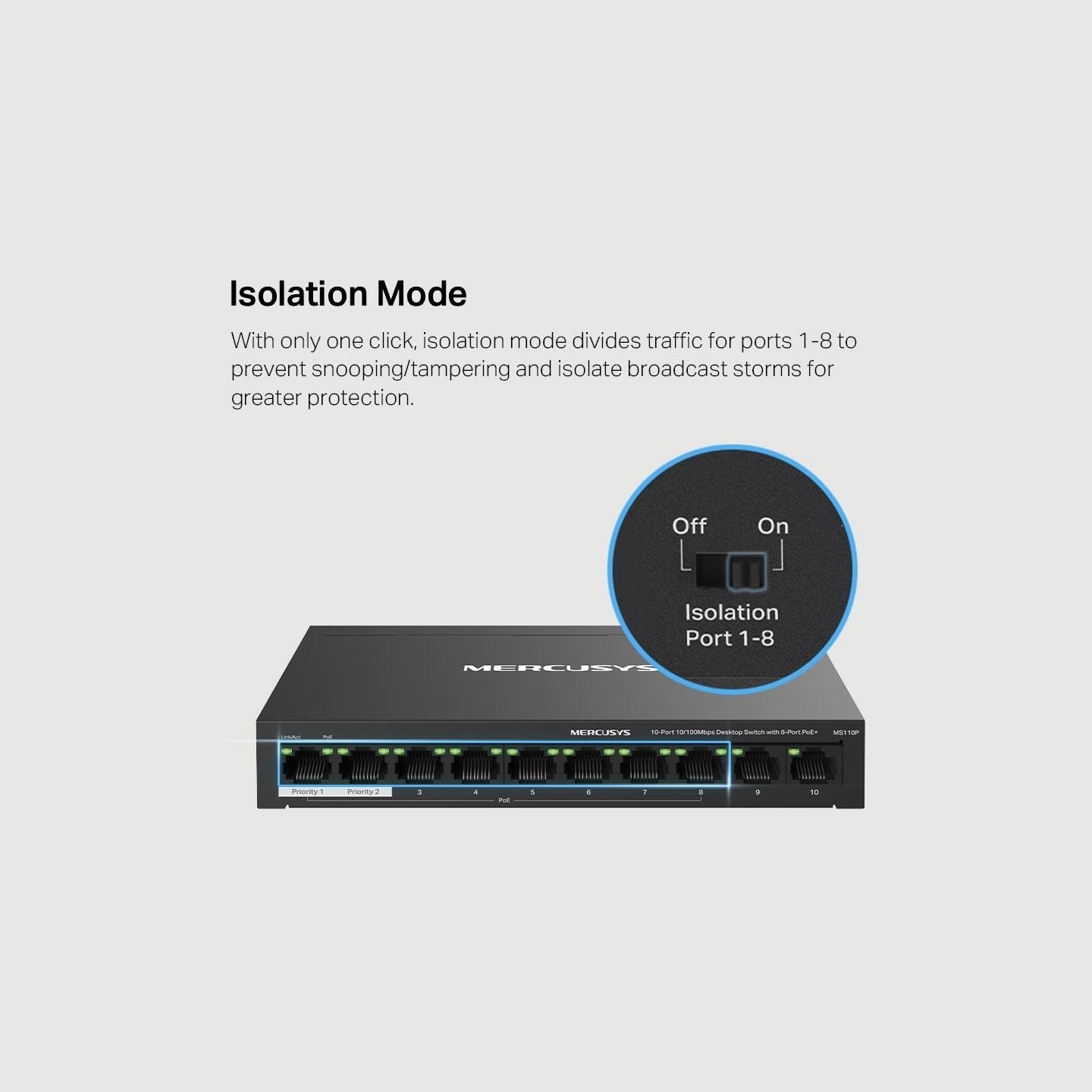 Mercusys Switch|MERCUSYS|Desktop/pedestal|10x10Base-T / 100Base-TX|PoE+ ports 8|MS110P