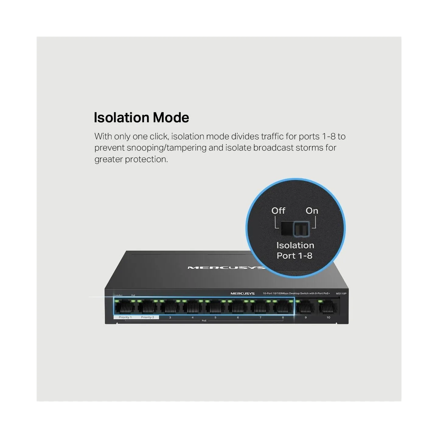 Mercusys Switch|MERCUSYS|Desktop/pedestal|10x10Base-T / 100Base-TX|PoE+ ports 8|MS110P