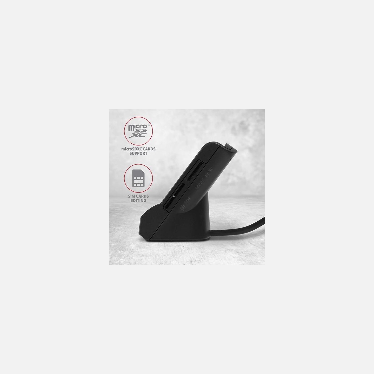 Axagon desktop stand reader Smart card / ID card AXAGON CRE-SM2 with USB 2.0 interface include SD, microSD and SIM card slots.