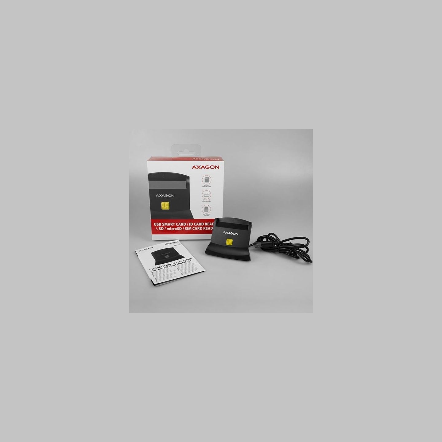 Axagon desktop stand reader Smart card / ID card AXAGON CRE-SM2 with USB 2.0 interface include SD, microSD and SIM card slots.