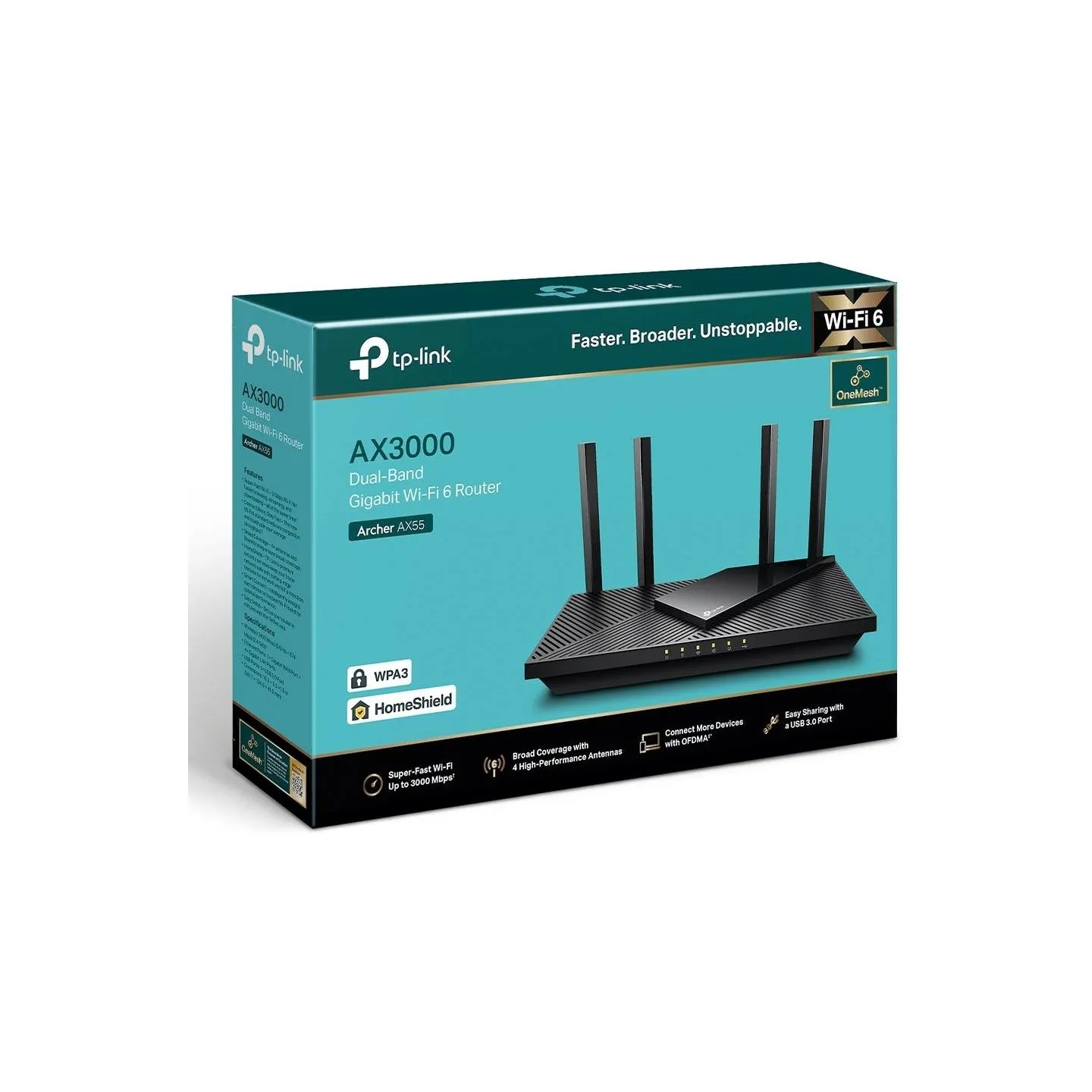 Tp-Link Wireless Router|TP-LINK|Wireless Router|3000 Mbps|Wi-Fi 6|USB 3.0|1 WAN|4x10/100/1000M|Number of antennas 4|ARCHERAX55