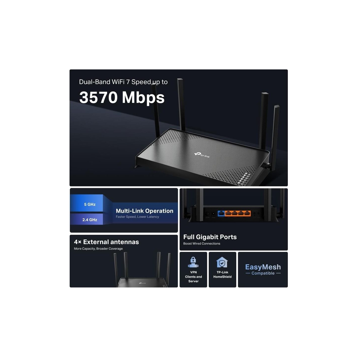 Tp-Link Archer BE220 | BE3600 Dual-Band Wi-Fi 7 Router | 802.11be | Ethernet LAN (RJ-45) ports 4 | 10/100/1000 Mbit/s | Mesh Sup