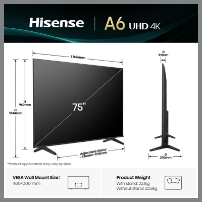 Hisense 4K TV | 75A6Q | 75 | Smart TV | VIDAA Smart OS | UHD | Black