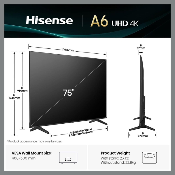 Hisense 4K TV | 75A6Q | 75 | Smart TV | VIDAA Smart OS | UHD | Black