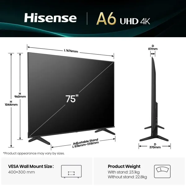 Hisense 4K TV | 75A6Q | 75 | Smart TV | VIDAA Smart OS | UHD | Black
