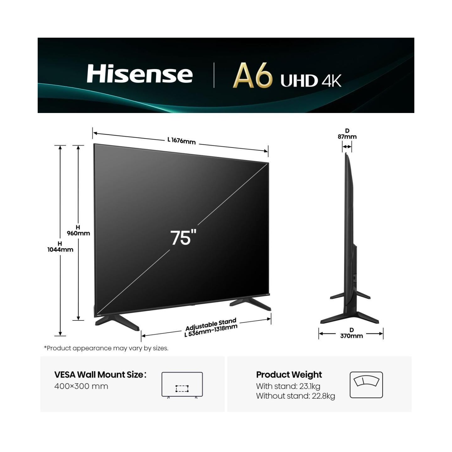 Hisense 4K TV | 75A6Q | 75 | Smart TV | VIDAA Smart OS | UHD | Black