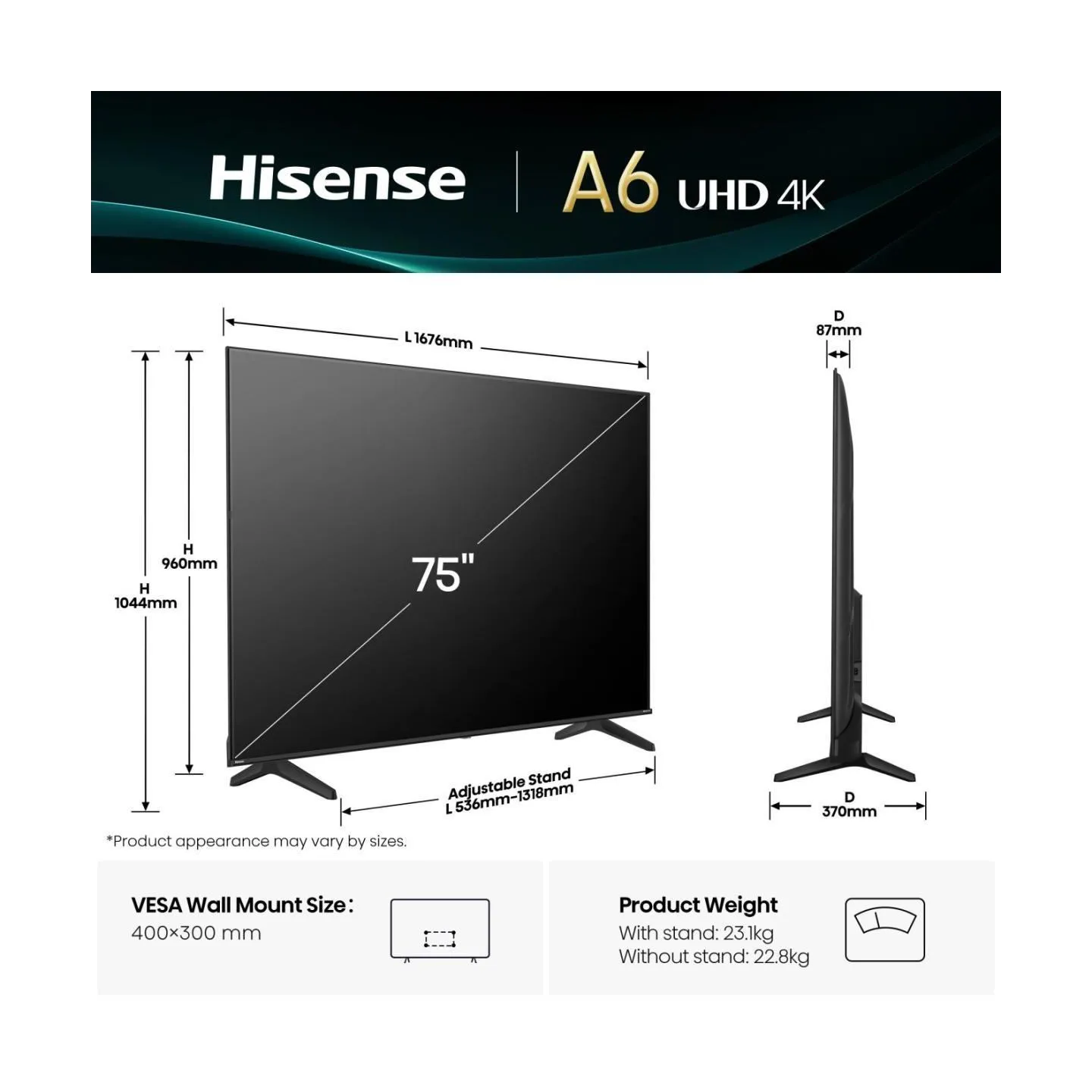 Hisense 4K TV | 75A6Q | 75 | Smart TV | VIDAA Smart OS | UHD | Black