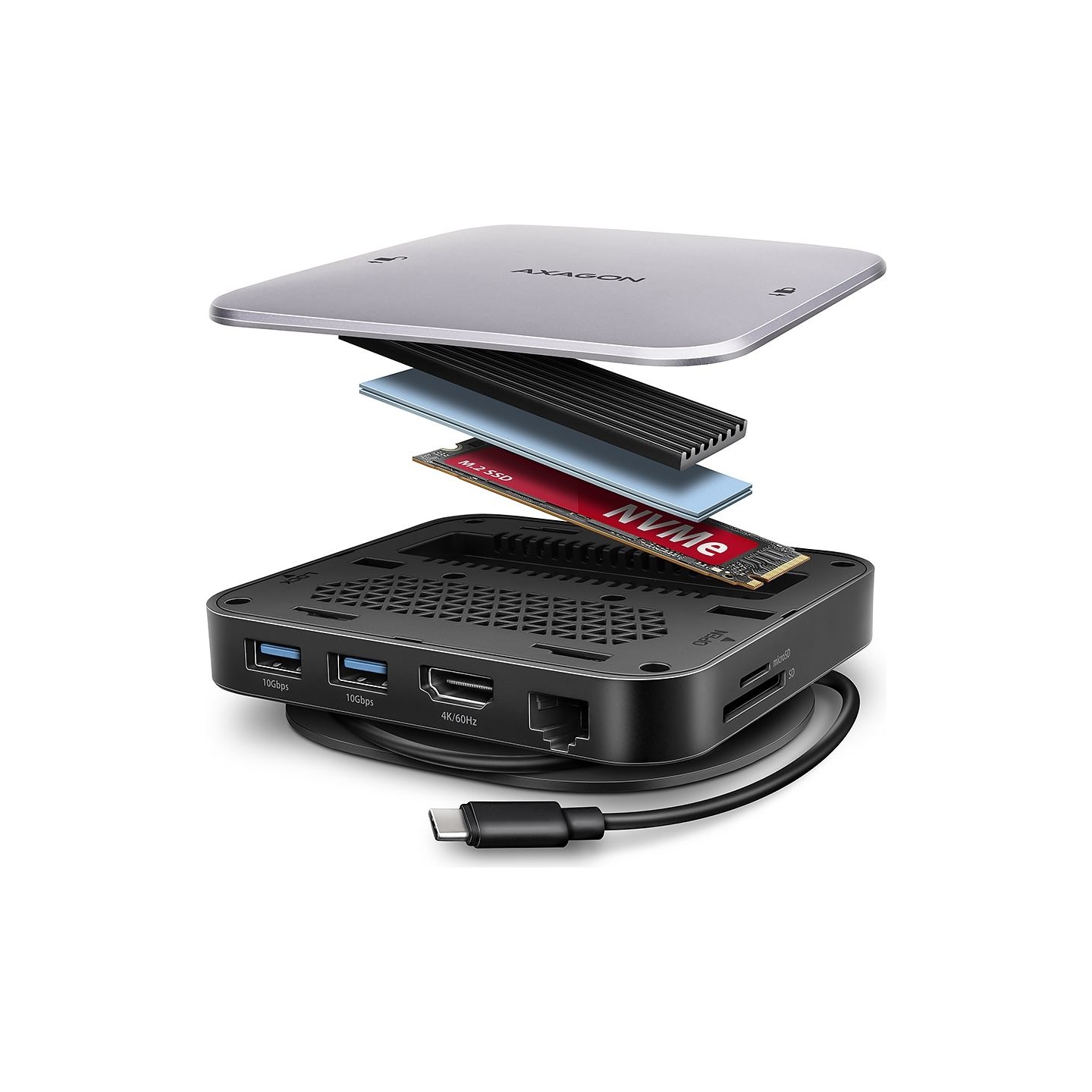 Axagon HMC-UFO USB 10Gbps hub, 2x USB-A, USB-C, HDMI 4k/60, RJ-45, M.2, SD/mSD, audio, PD