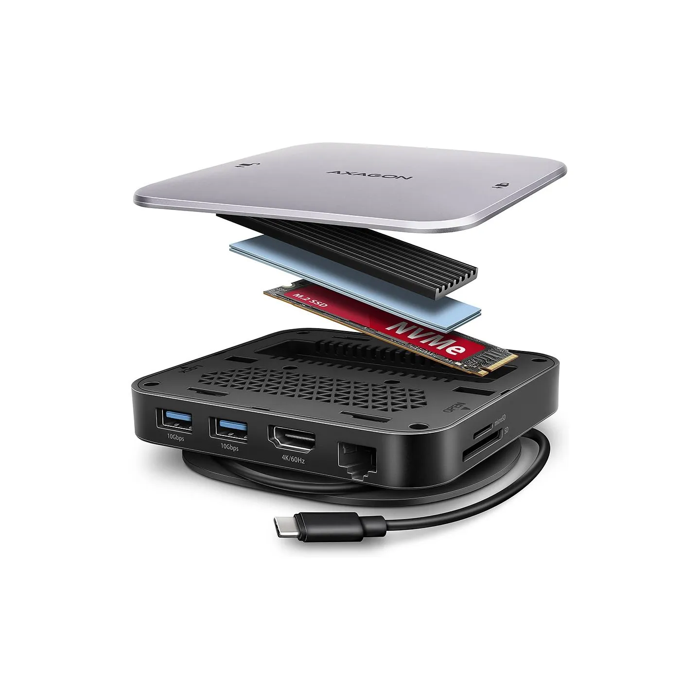 Axagon HMC-UFO USB 10Gbps hub, 2x USB-A, USB-C, HDMI 4k/60, RJ-45, M.2, SD/mSD, audio, PD