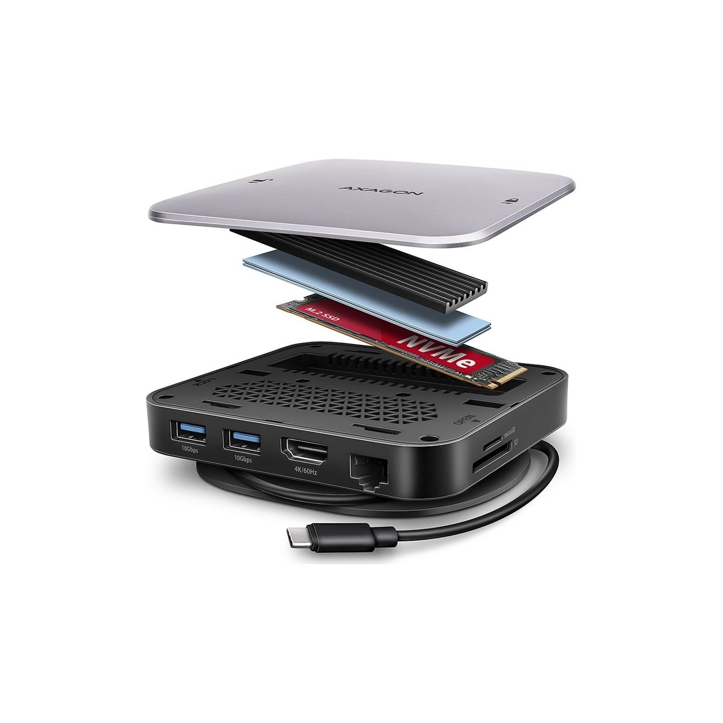 Axagon HMC-UFO USB 10Gbps hub, 2x USB-A, USB-C, HDMI 4k/60, RJ-45, M.2, SD/mSD, audio, PD