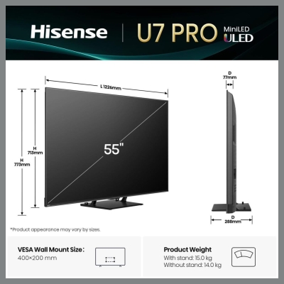 Hisense TV Set|HISENSE|55 "|4K Ultra HD|3840 x 2160 pixels|Flat|16:9|ULED|55U7QPRO