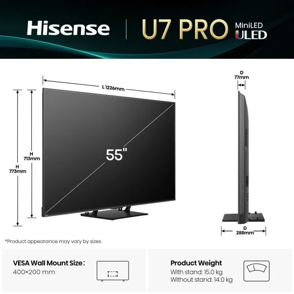 Hisense TV Set|HISENSE|55 "|4K Ultra HD|3840 x 2160 pixels|Flat|16:9|ULED|55U7QPRO