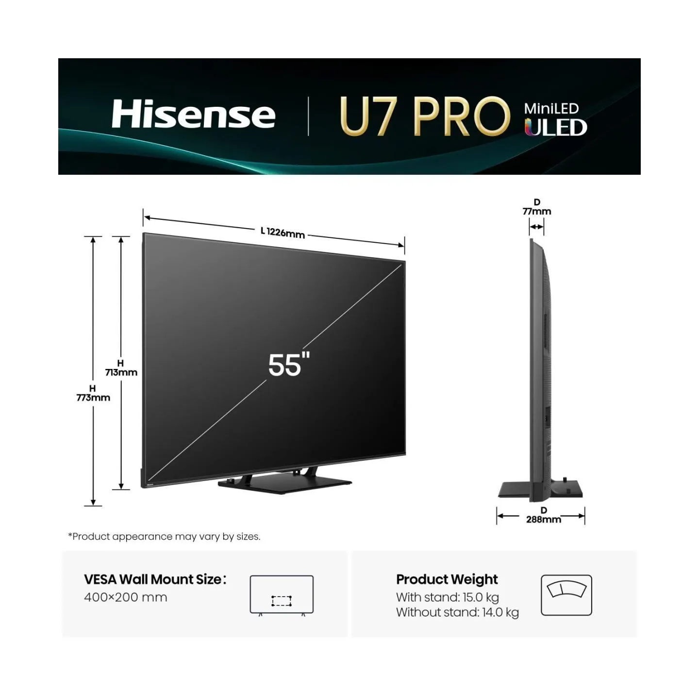 Hisense TV Set|HISENSE|55 "|4K Ultra HD|3840 x 2160 pixels|Flat|16:9|ULED|55U7QPRO