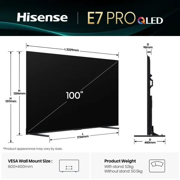 Hisense TV Set|HISENSE|100 "|4K Ultra HD|3840 x 2160 pixels|Flat|16:9|QLED|100E7QPRO