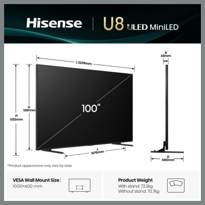 Hisense TV Set|HISENSE|100 "|4K Ultra HD|3840 x 2160 pixels|Flat|16:9|ULED|100U8Q