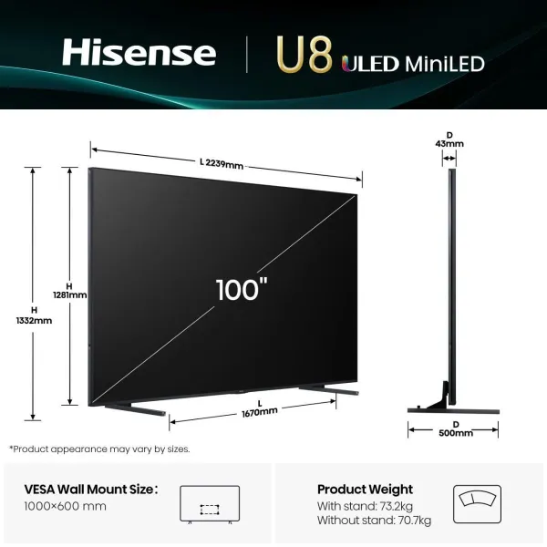 Hisense TV Set|HISENSE|100 "|4K Ultra HD|3840 x 2160 pixels|Flat|16:9|ULED|100U8Q