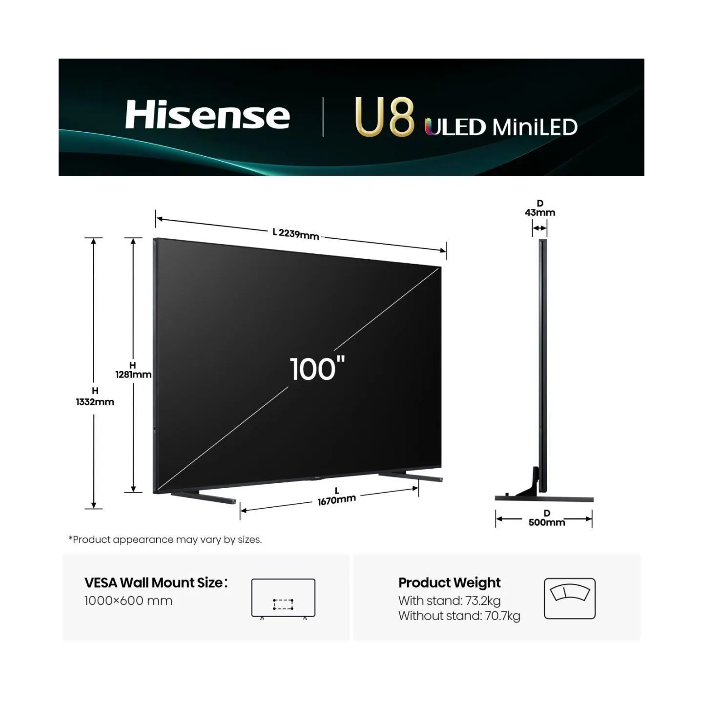 Hisense TV Set|HISENSE|100 "|4K Ultra HD|3840 x 2160 pixels|Flat|16:9|ULED|100U8Q
