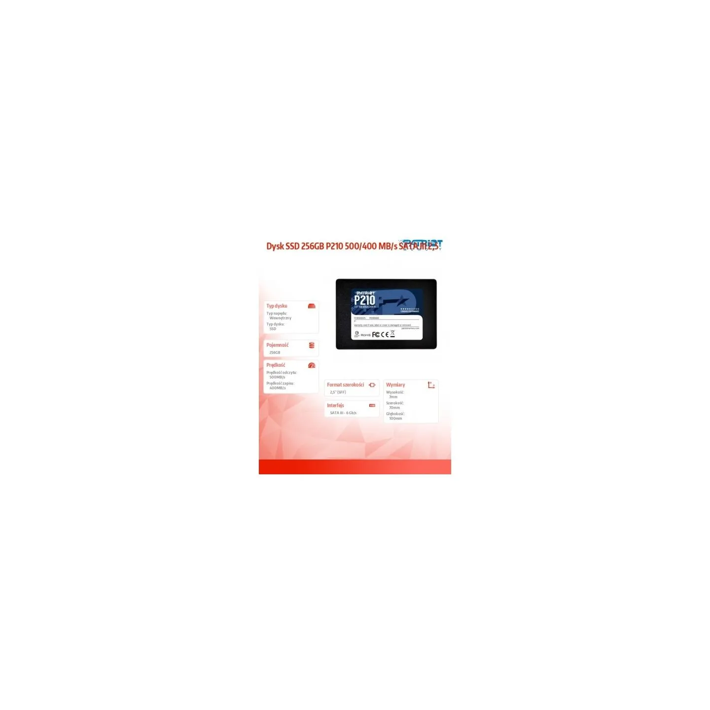 Patriot SSD 256GB P210 500/400 MB/s SATA III 2,5