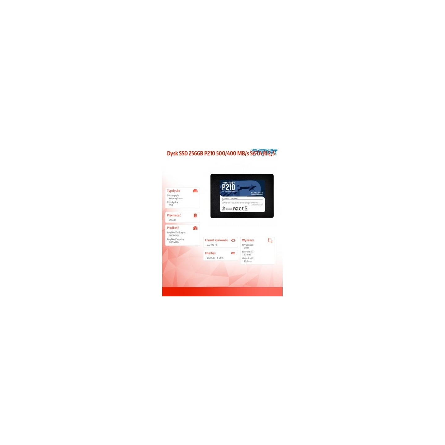 Patriot SSD|PATRIOT|P210|256GB|Write speed 400 MBytes/sec|Read speed 500 MBytes/sec|2,5"|TBW 120 TB|P210S256G25