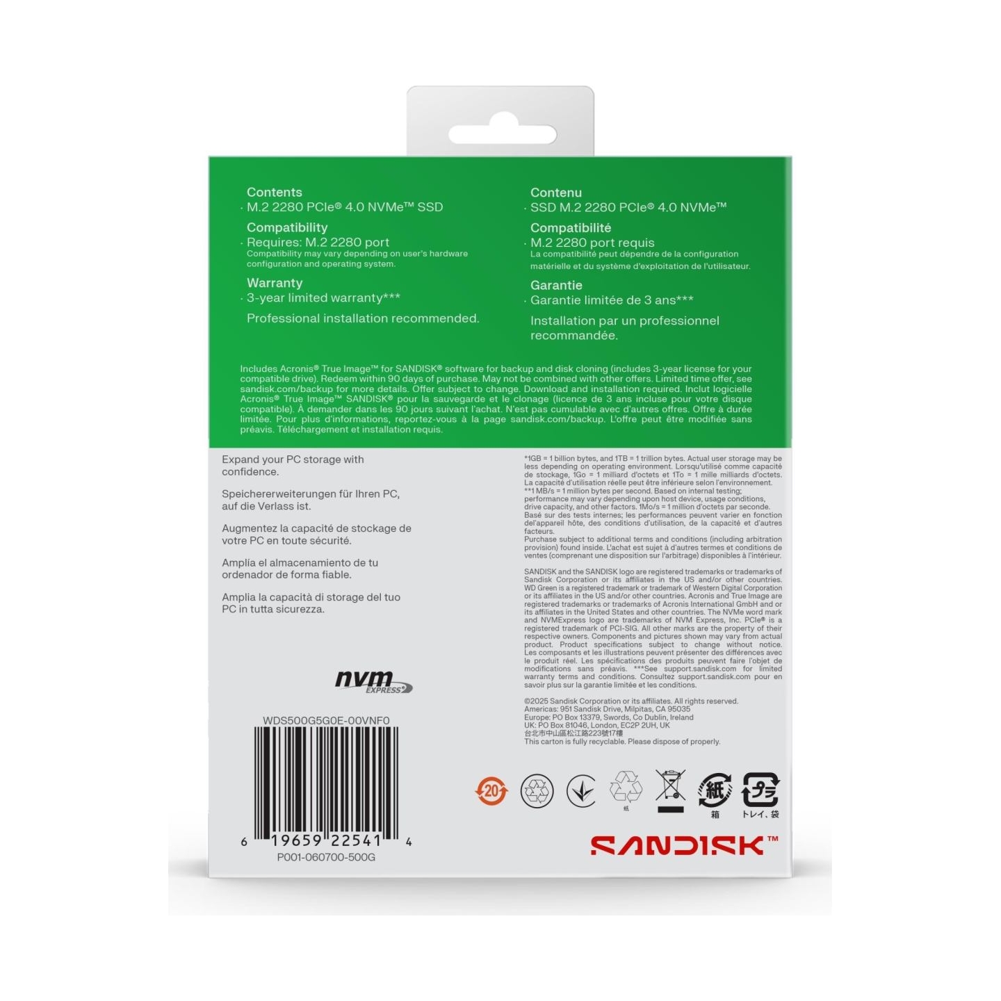 Sandisk SSD|SANDISK|150xTBW rating|MTBF 1.75 h|NVMe Yes|PCI Express 4.0|M.2|500 GB|POWERED BY SANDISK|Green|WDS500G4G0E