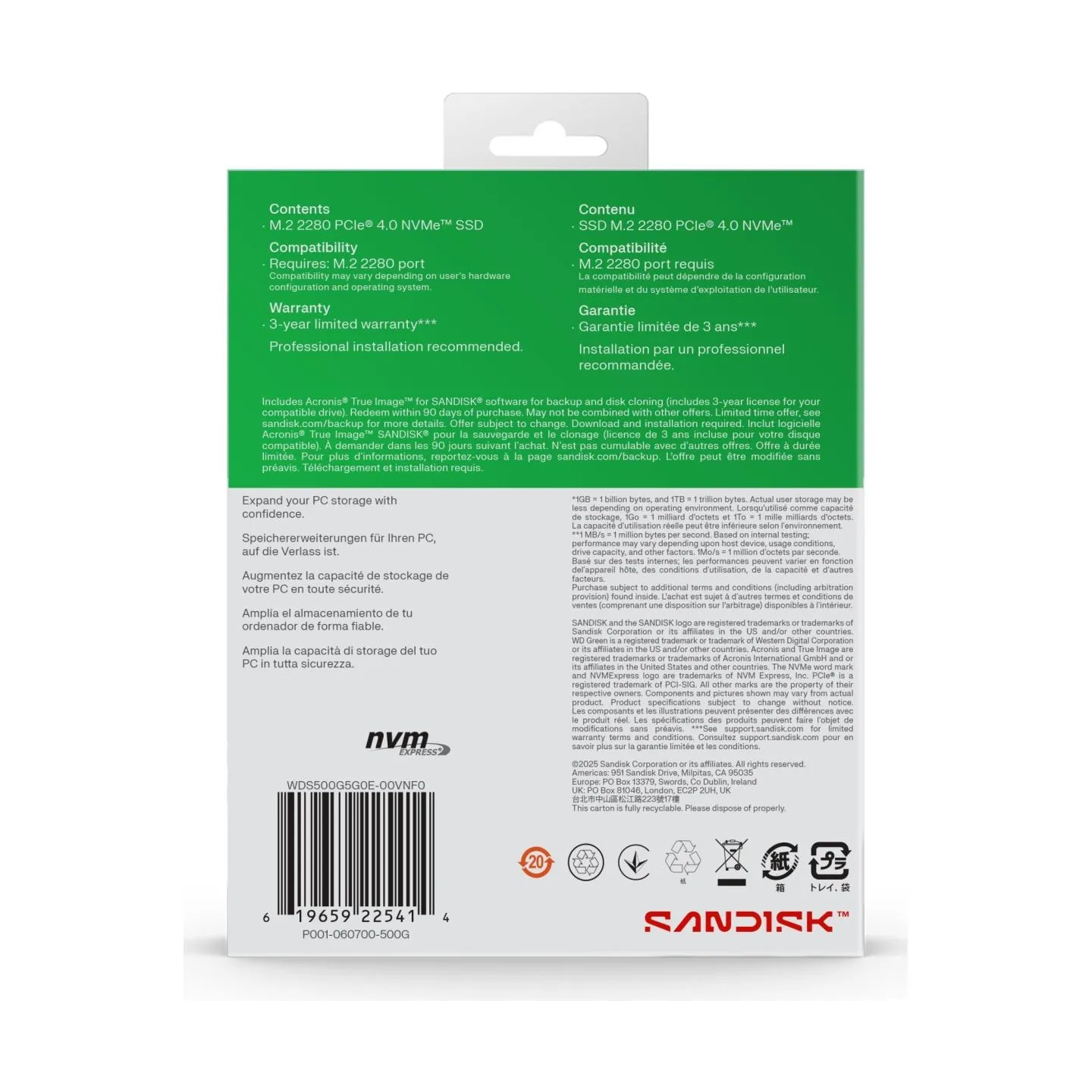 Sandisk SSD|SANDISK|150xTBW rating|MTBF 1.75 h|NVMe Yes|PCI Express 4.0|M.2|500 GB|POWERED BY SANDISK|Green|WDS500G4G0E