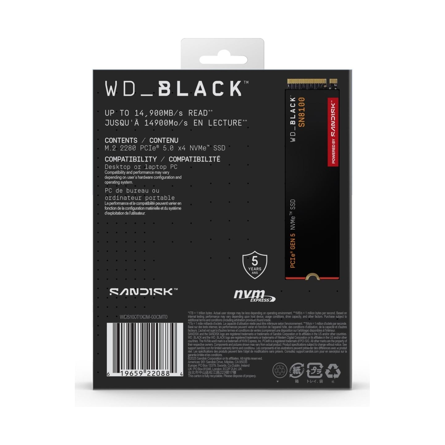 Sandisk SSD|SANDISK|2400xTBW rating|NVMe Yes|PCI Express 5.0|M.2|1000 GB|POWERED BY SANDISK|Black SN8100|WDS100T1X0M