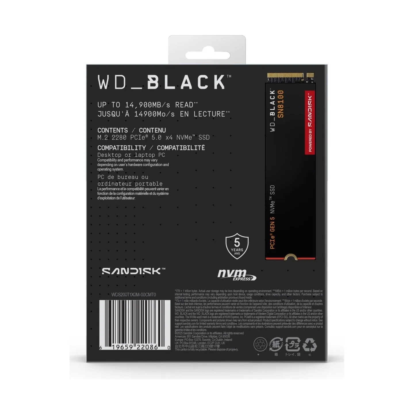 Sandisk SSD|SANDISK|2400xTBW rating|NVMe Yes|PCI Express 5.0|M.2|2000 GB|POWERED BY SANDISK|Black SN8100|WDS200T1X0M