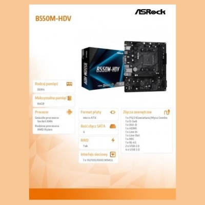 Asrock Motherboard B550M-HDV AM4 2DDR4 HDMI/DVI/D-SUB M.2 mATX
