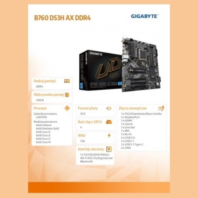 Gigabyte Motherboard B760 DS3H AX DDR4 s1700 4DDR4 DP/HDMI ATX