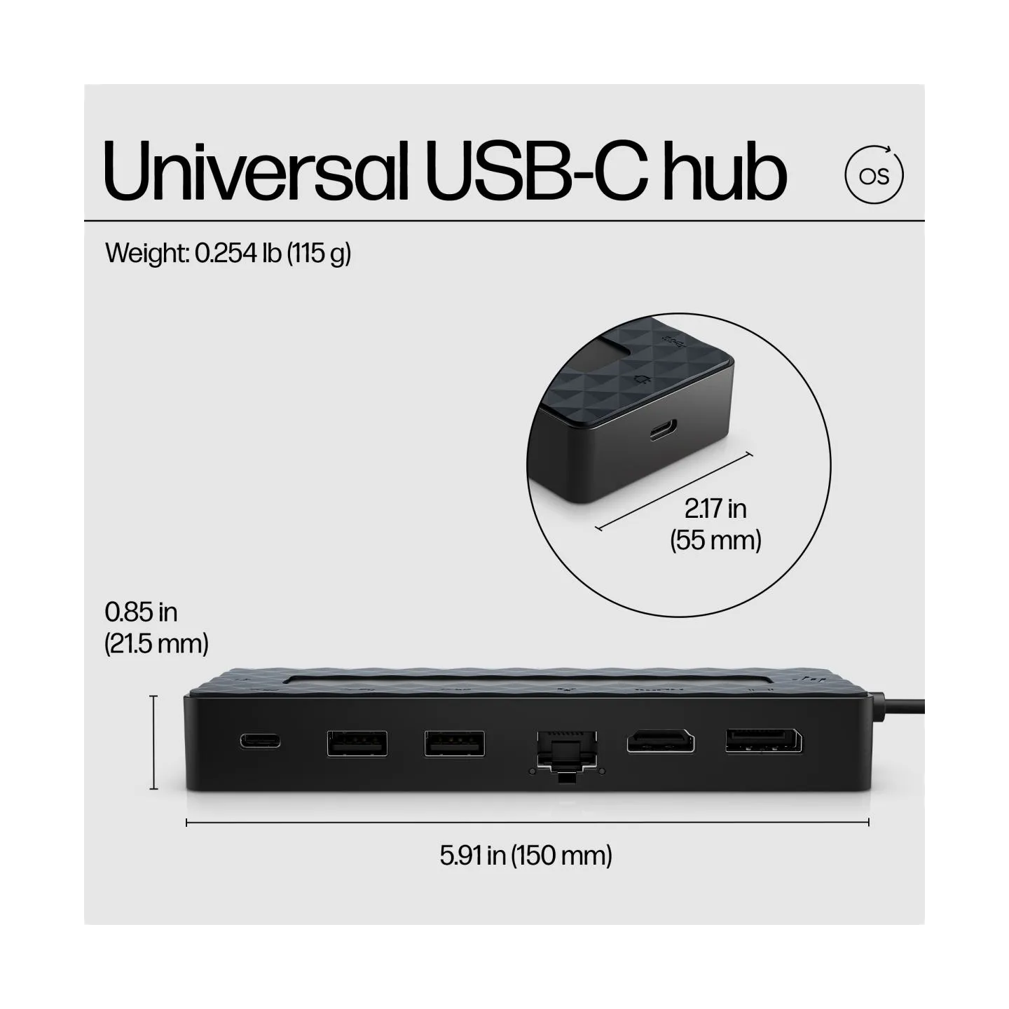 HP Universal USB-C Multiport Hub with 65W Power Adapter Notebook Charger - 2x USB-A, 2x USB-C(65W/Data), DisplayPort/HDMI, RJ-45