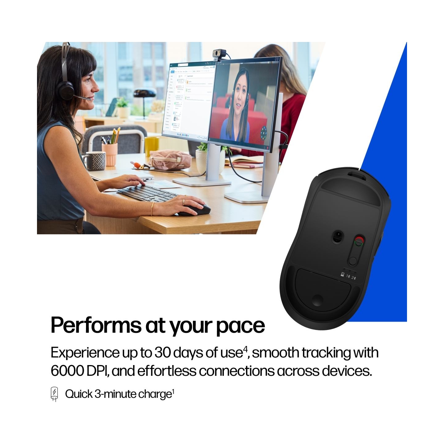 HP 705 Super Capacitor Wireless Mouse - Multi-Device, Programmable, 4-way scrolling, Ultra-Fast Rechargeable, Multi Surface, 600