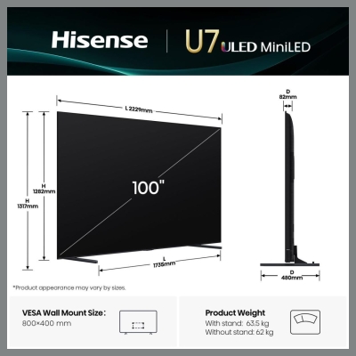 Hisense TV Set|HISENSE|100 "|4K Ultra HD|3840 x 2160 pixels|Flat|16:9|ULED|100U7Q