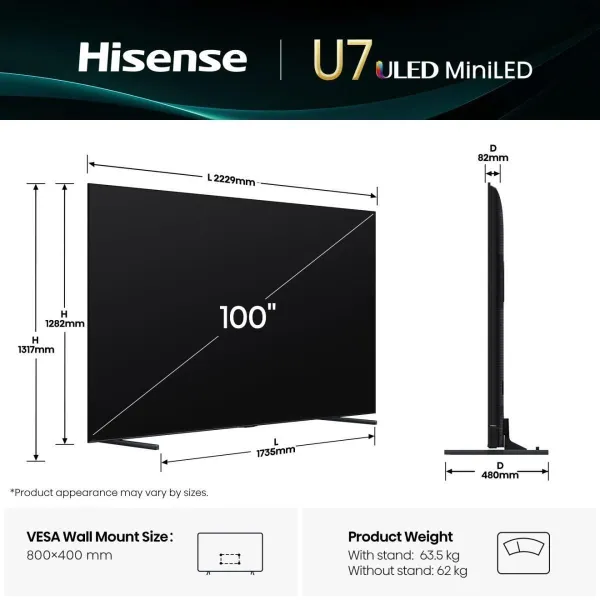 Hisense TV Set|HISENSE|100 "|4K Ultra HD|3840 x 2160 pixels|Flat|16:9|ULED|100U7Q
