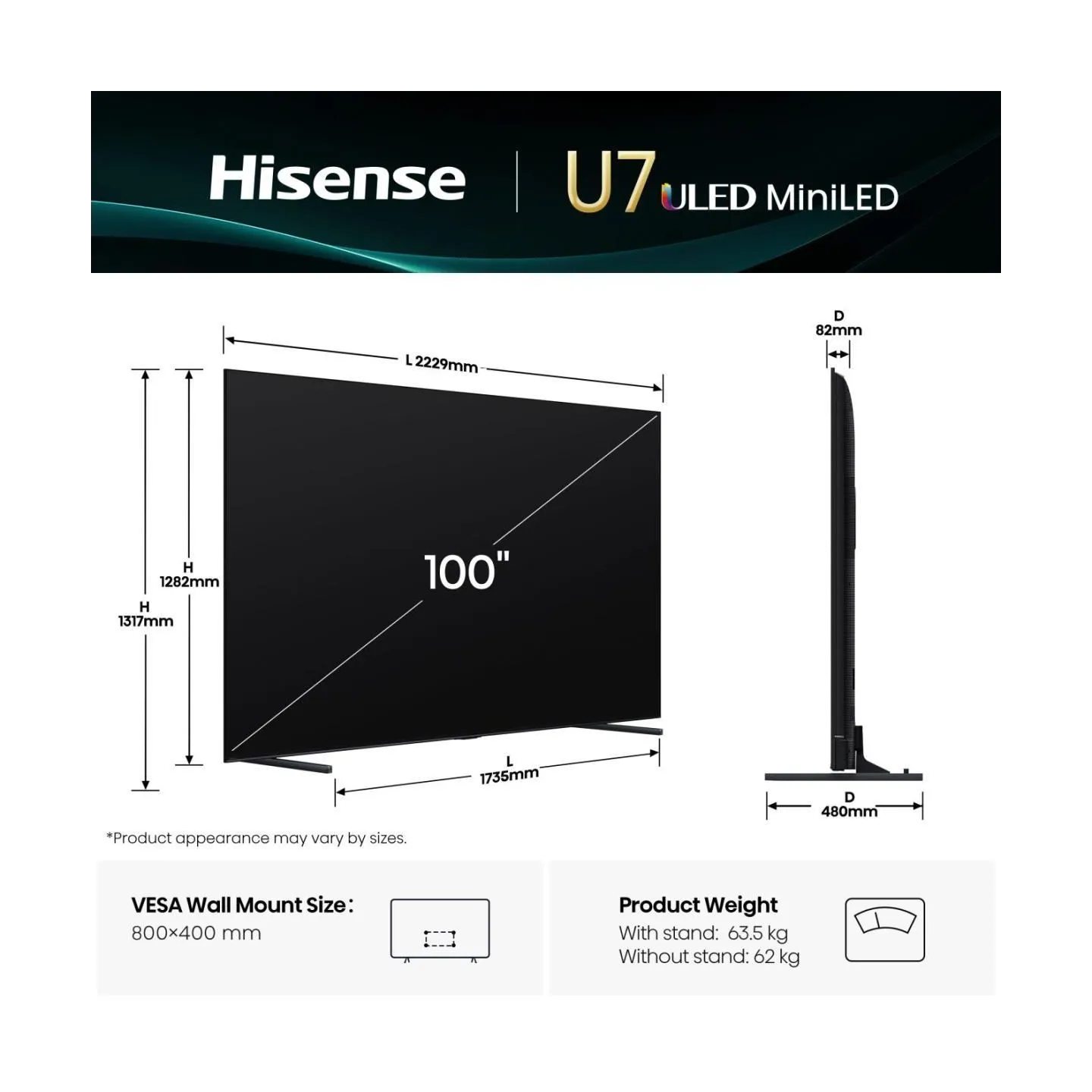 Hisense TV Set|HISENSE|100 "|4K Ultra HD|3840 x 2160 pixels|Flat|16:9|ULED|100U7Q