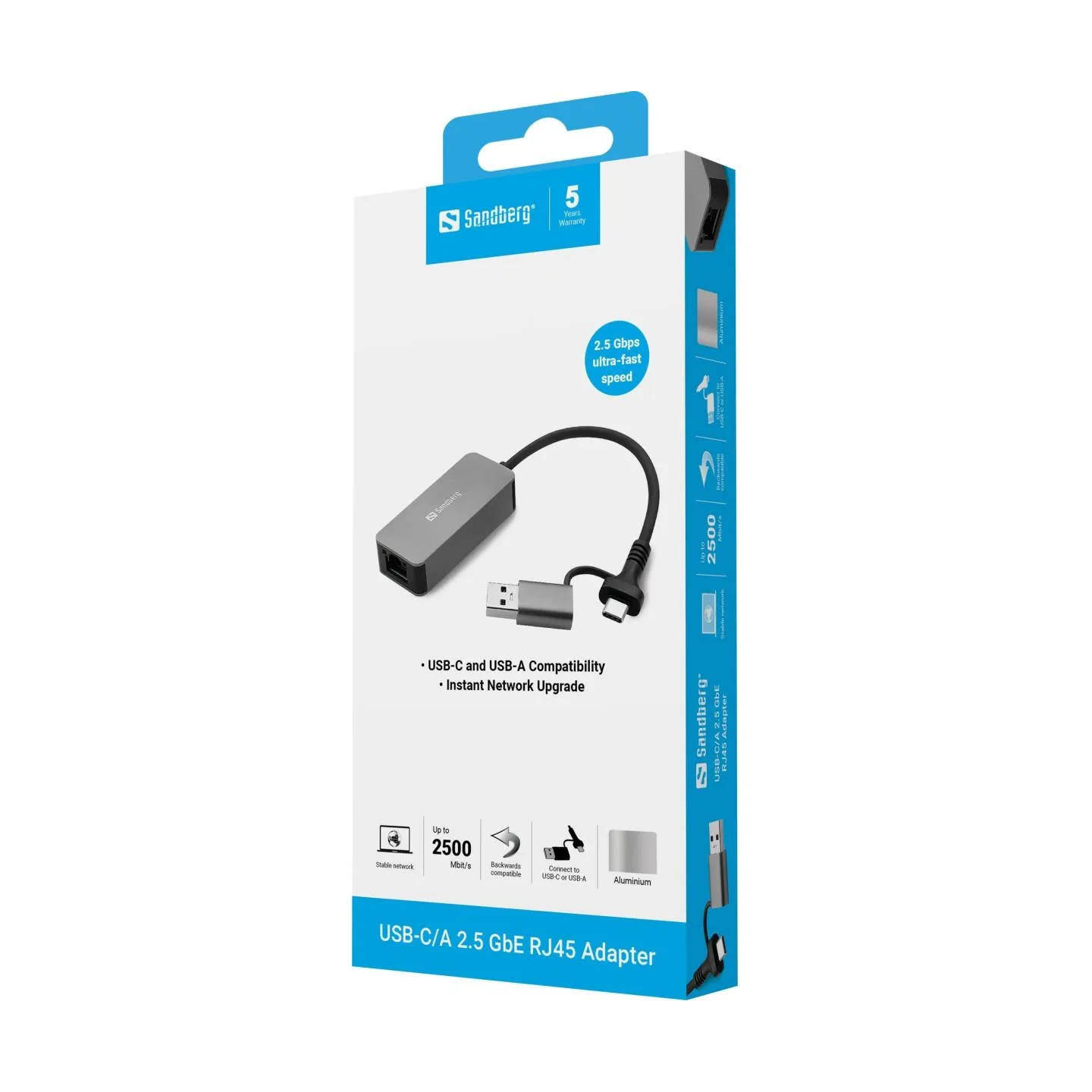 Sandberg 136-68 USB-C/A 2.5 GbE RJ45 Adapter, 2.5 Gigabit Ethernet on USB-C