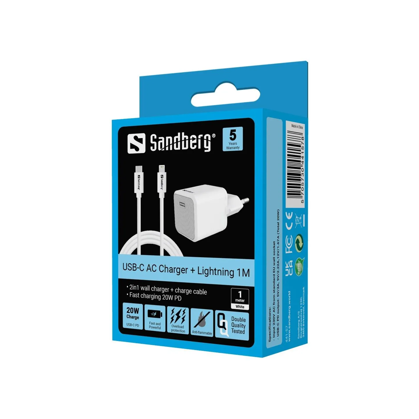 Sandberg 441-57 USB-C 20W Charger + USB-C to Lightning cable, 1M