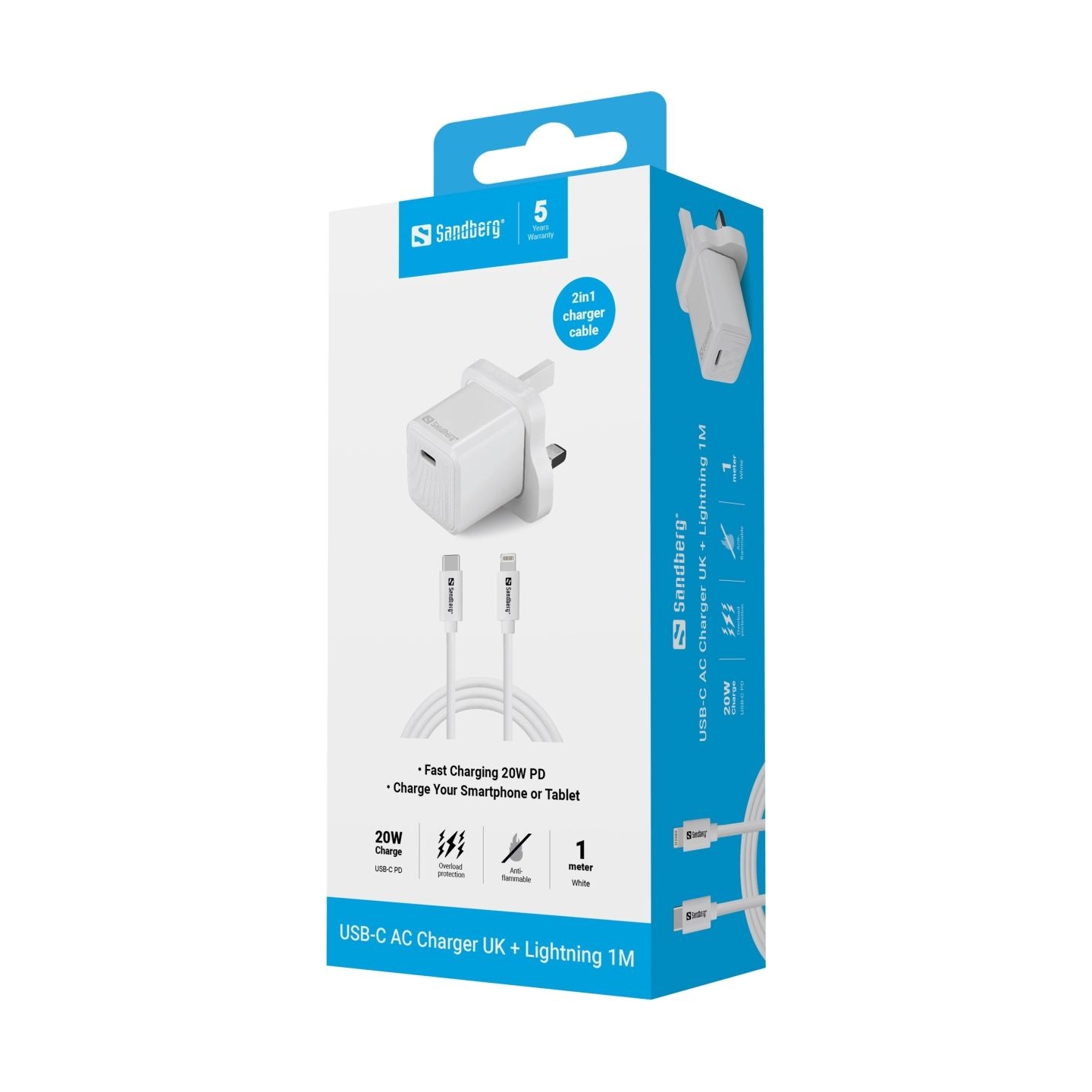 Sandberg 441-64 USB-C 20W Charger UK+Lightning, Incl. 1m USB-C> Lighting cable